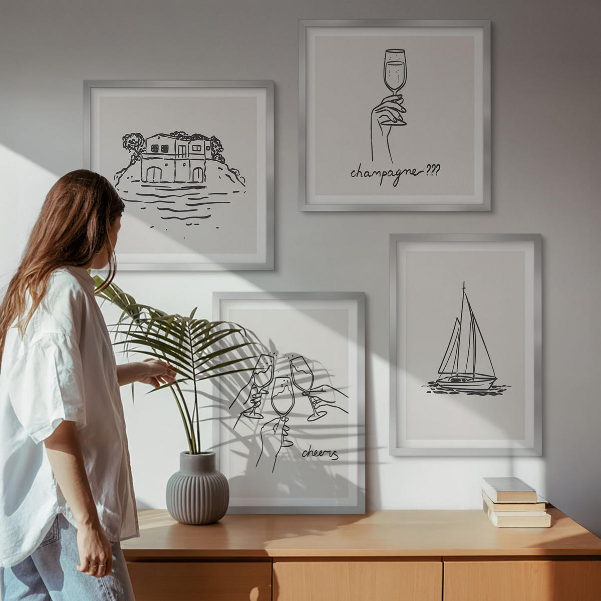 BILDER SET 4er Set - 50x50 cm & 40x60 cm Silberner Rahmen - Haus am Wasser, Toastsegelboot - Silberfarben, Kunststoff (50/50cm) - TULUP