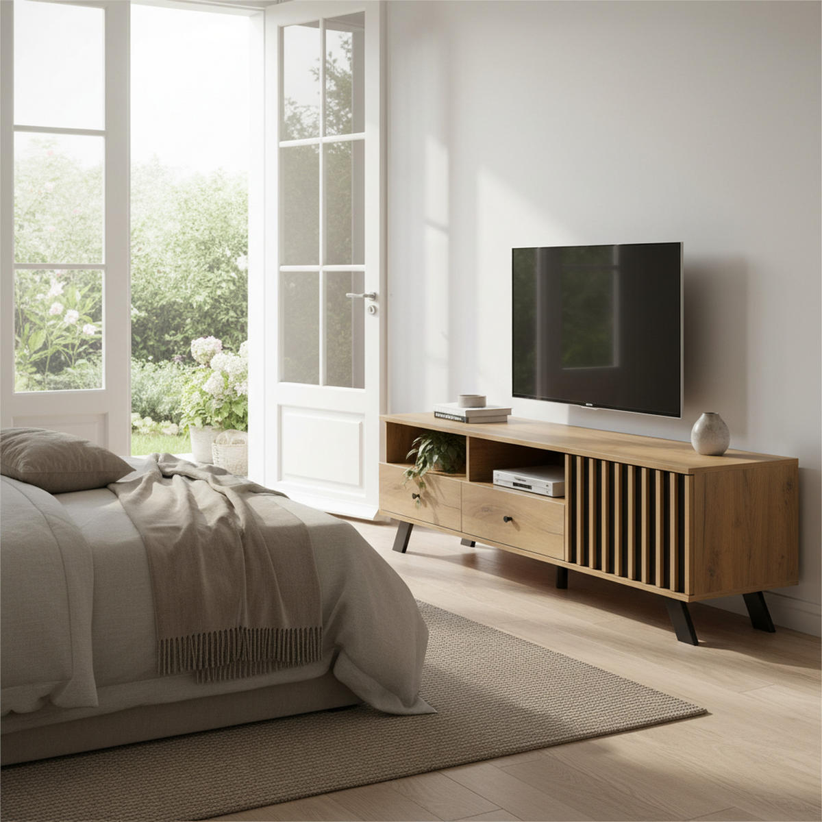 TV STOLEK 150 cm, 2 zásuvky, 1 skříňka, barva dřeva a černá, management kabelů - barva vlašského ořechu, kompozitní dřevo (150/44/38cm) - Urban Meuble