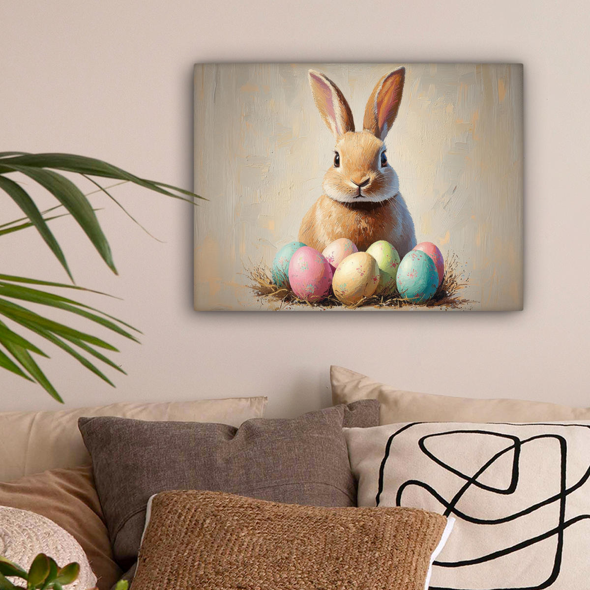 LEINWANDBILD Osterhase - Pastell - Eier Wandbild 40x30 cm - Beige, Textil (40/30cm) - MuchoWow