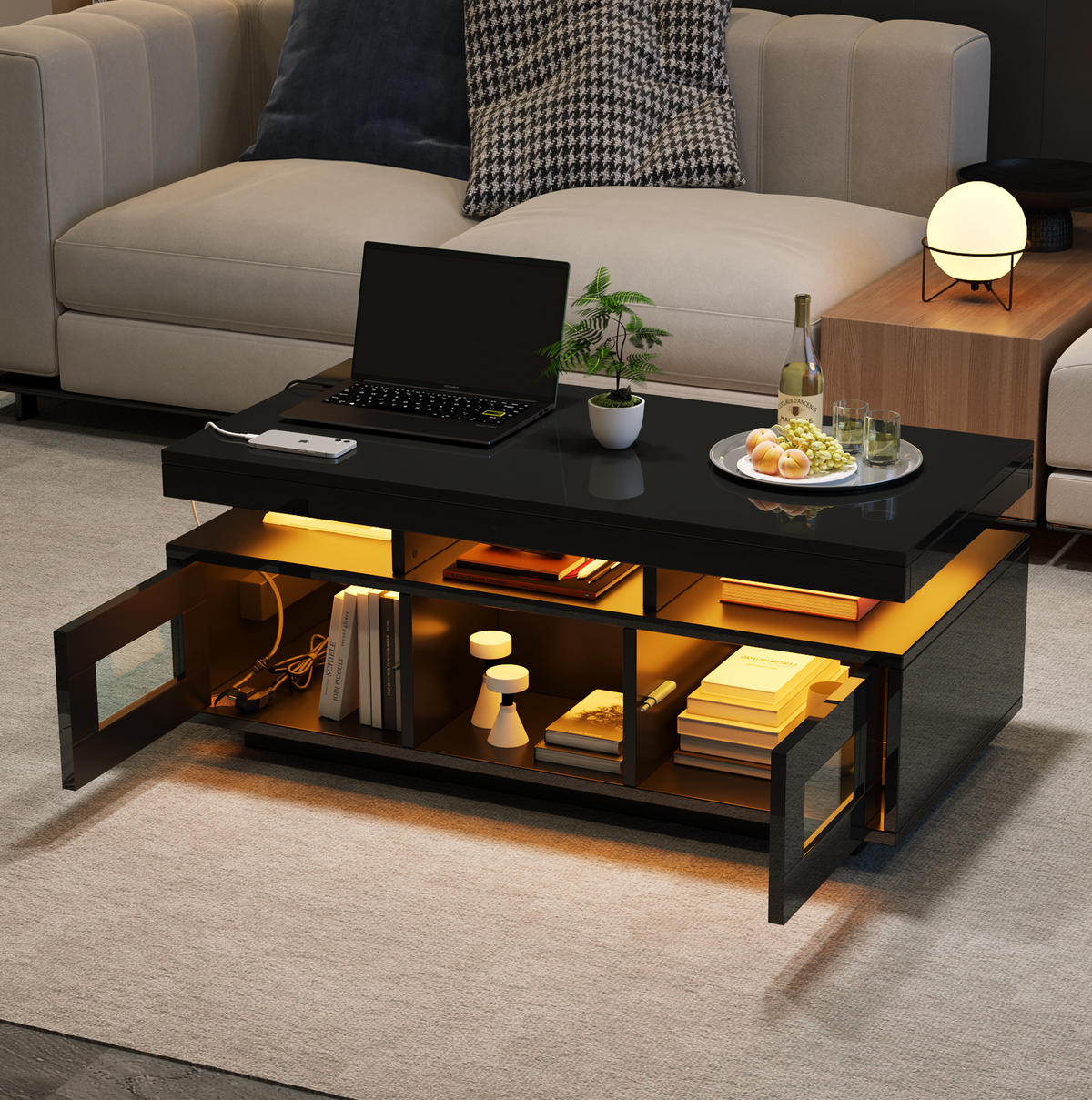 COUCHTISCH aus Spanplatte 100x50x43 cm in Schwarz mit LED & Steckdose - Schwarz, Holzwerkstoff (100/50/43cm) - Modfu