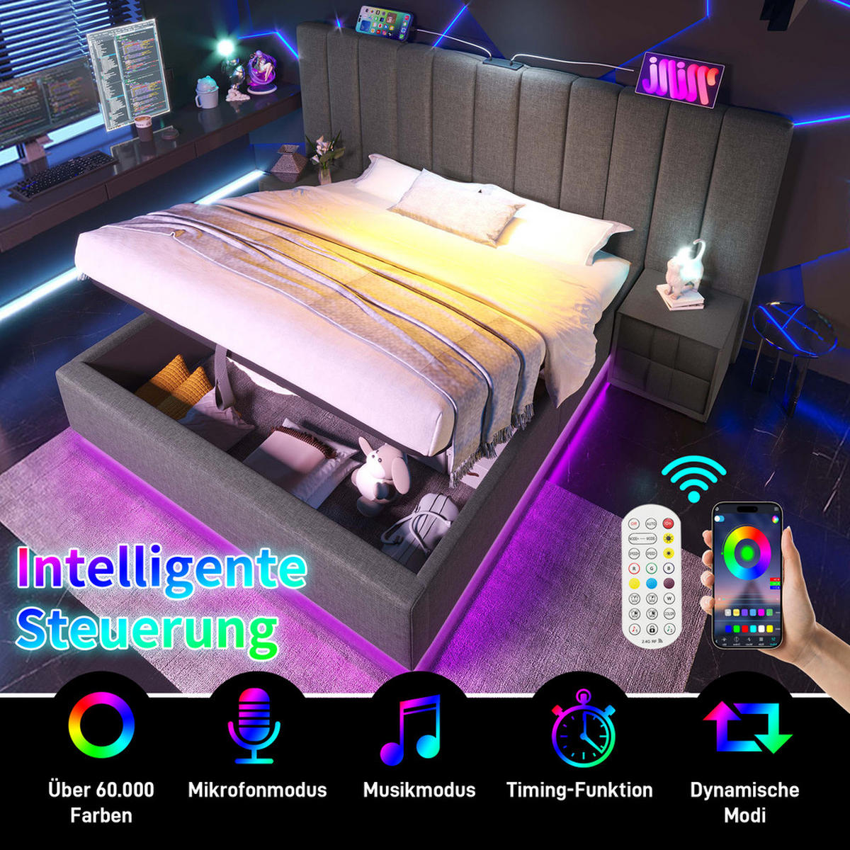 POLSTERBETT 160x200cm Doppelbett mit App LED & USB-C Stauraum Grau - Grau, Holz - FLIEKS