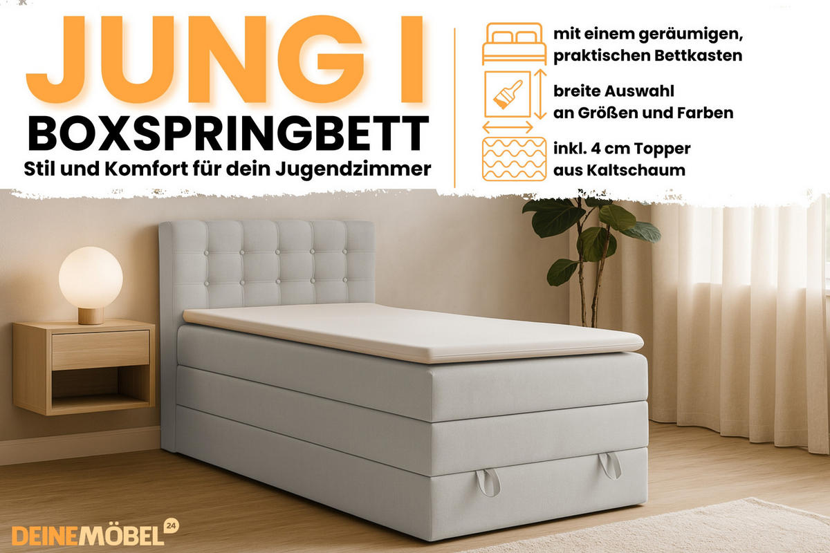 BOXSPRINGBETT JUNG 1 100/200 Velours Hellgrau mit Matratzen H3 + H4 - Hellgrau, Holz/Holzwerkstoff (100/200cm) - Deine Möbel 24
