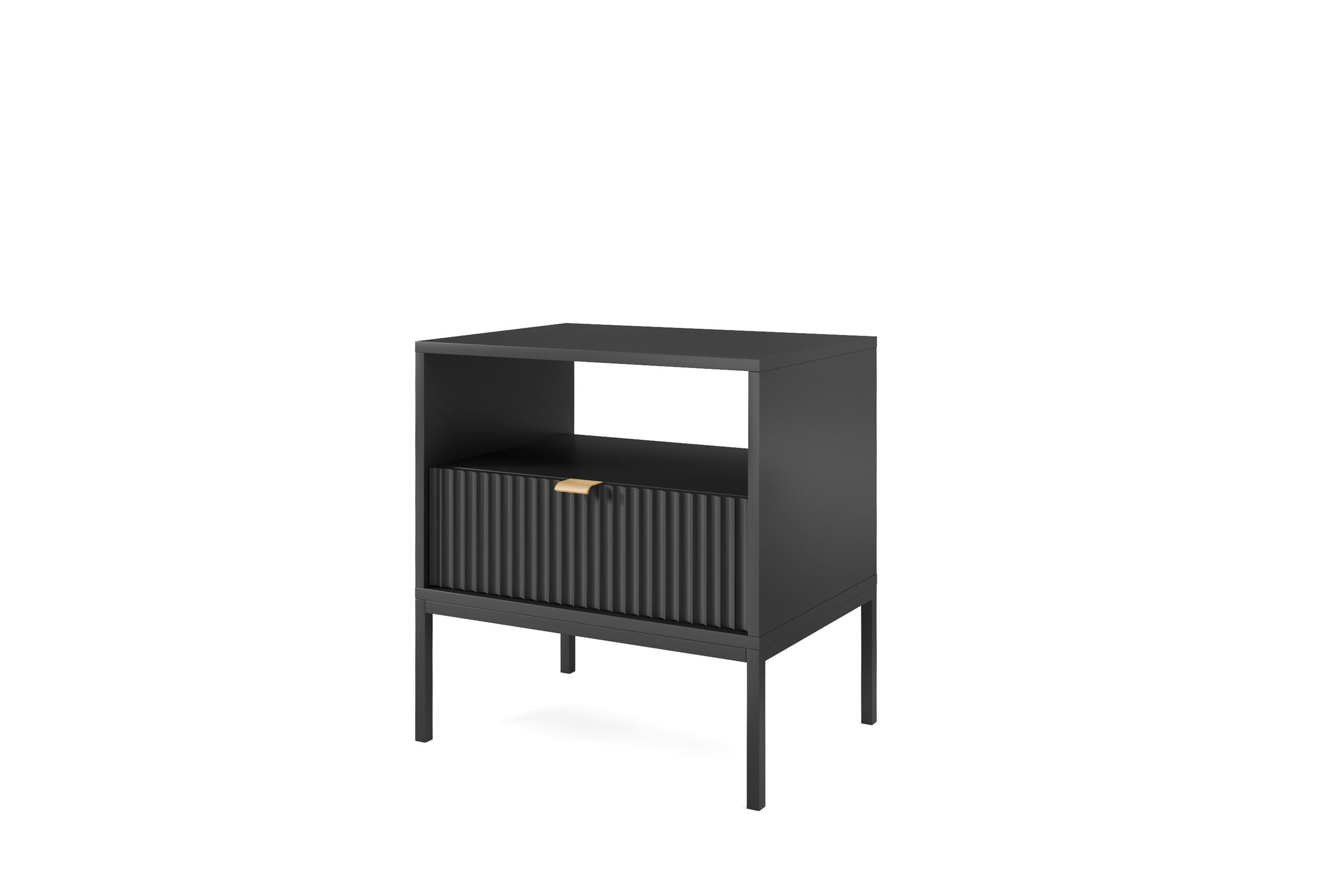 NACHTTISCH Nova - NOC, Geriffelte Front mit Goldenes Griffdesign 54x39x56 cm Schwarz - Schwarz, Holzwerkstoff/Kunststoff (54/56/39cm) - DomoHome