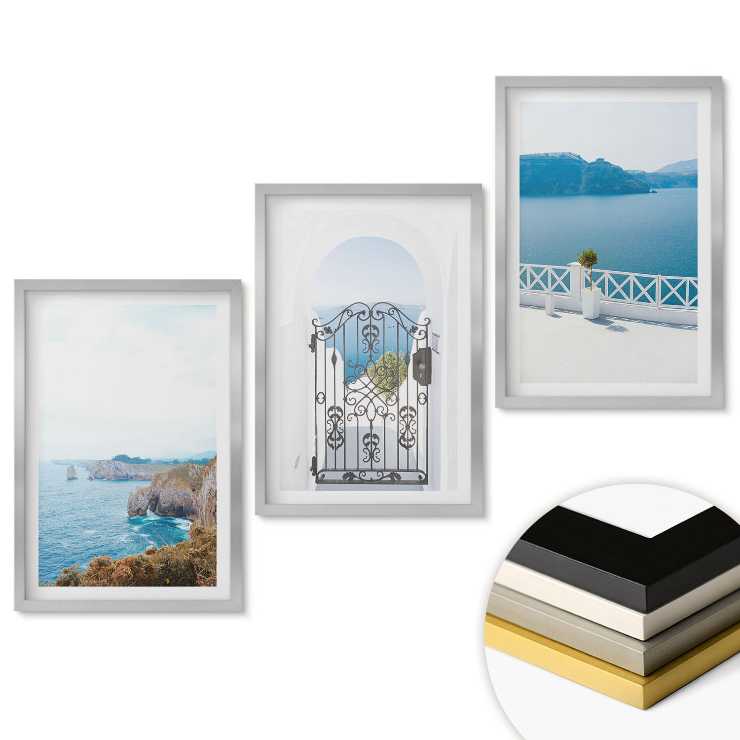 WANDBILDER 3er Set - 40x60 cm Silberner Rahmen - Meeresarchitektur Griechenlands - Silberfarben, Kunststoff (40/60cm) - ArtPrintCave