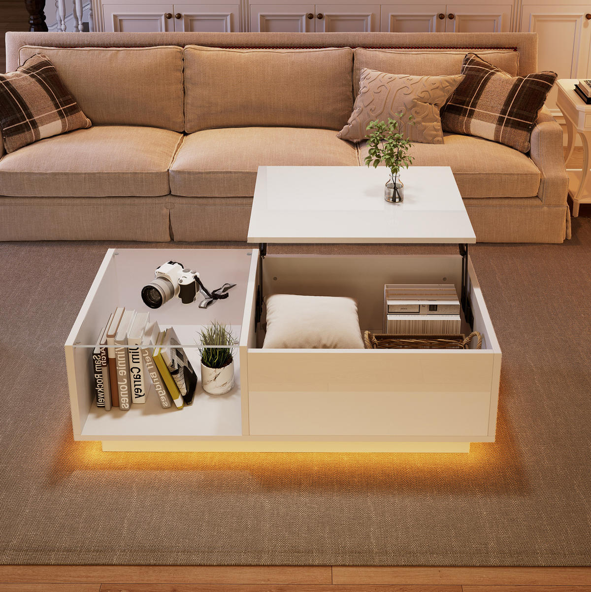 KONFERENČNÍ stolek 100/50/46 cm bílý z dřevotřísky s LED osvětlením a zvedací deskou - bílá, kompozitní dřevo (100/50/46.5cm) - OKWISH