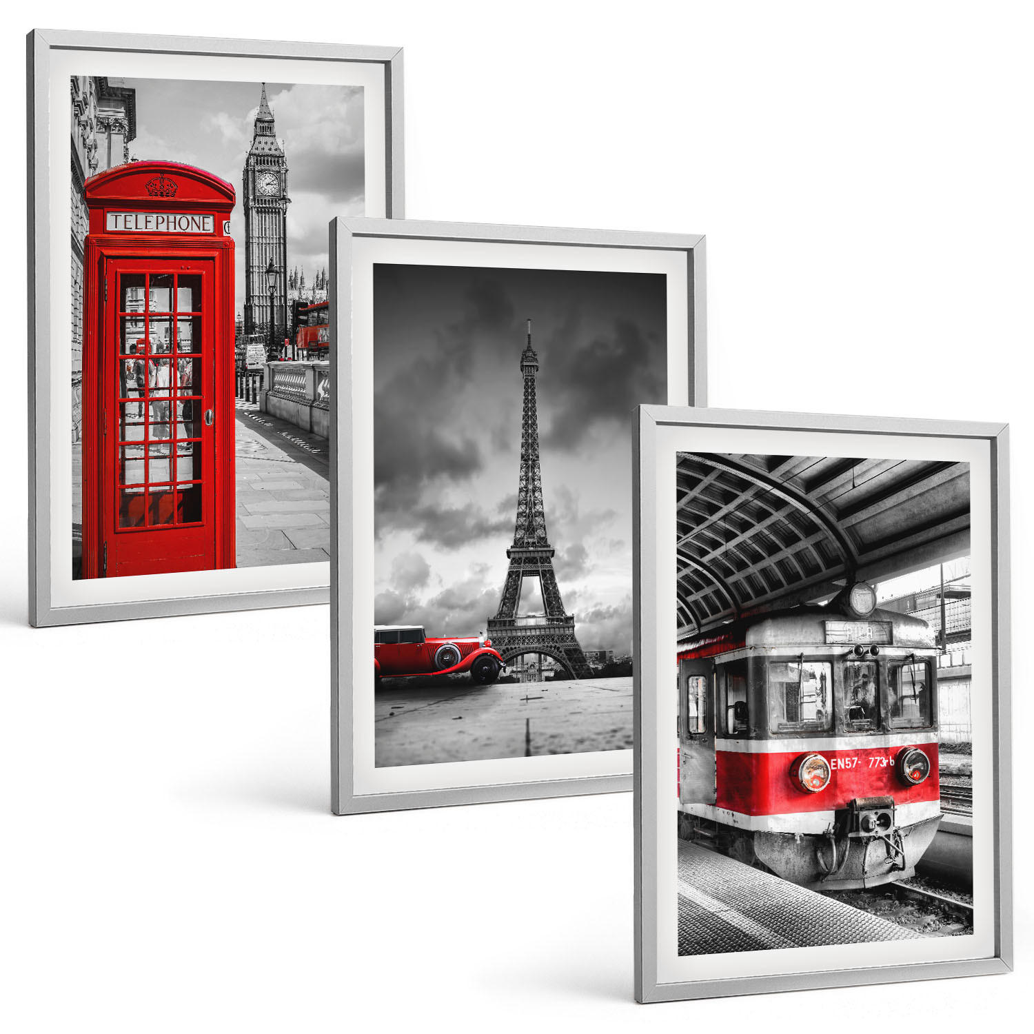 BILDER SET 3er Set - 40x60 cm Silberner Rahmen - Ikonen London Paris Verkehr - Silberfarben, Kunststoff (40/60cm) - TULUP