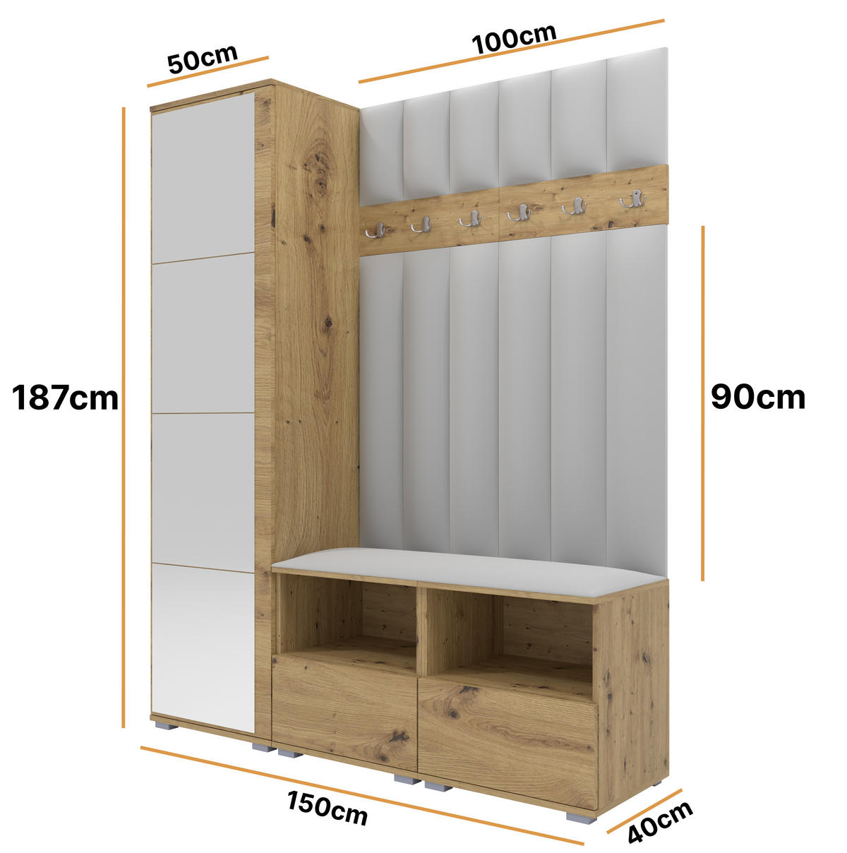 GEPOLSTERT Garderoben-Set Nela II LUX (Spiegel – Farbe Eiche Artisan + Stoff Trinity 32) - Silberfarben/Hellgrau, Holz/Holzwerkstoff (150/187/40cm) - Ravio