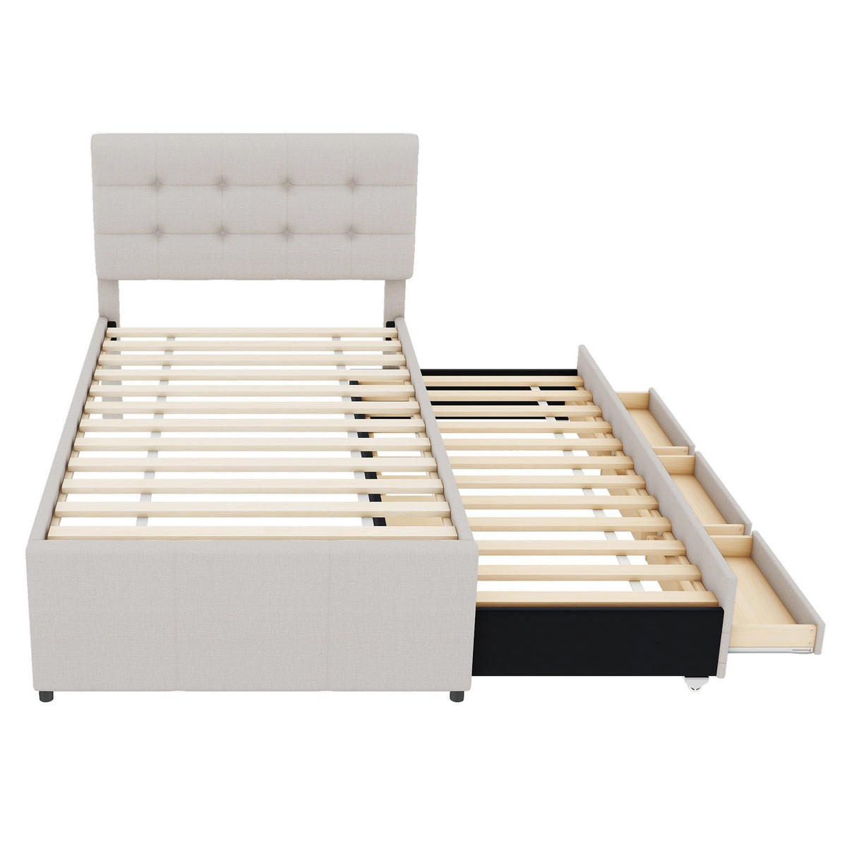 BETT mit Ausziehbett und 3 Schubladen 90x200 cm Leinen Beige - Beige, Holz (90/200cm) - Meubliv
