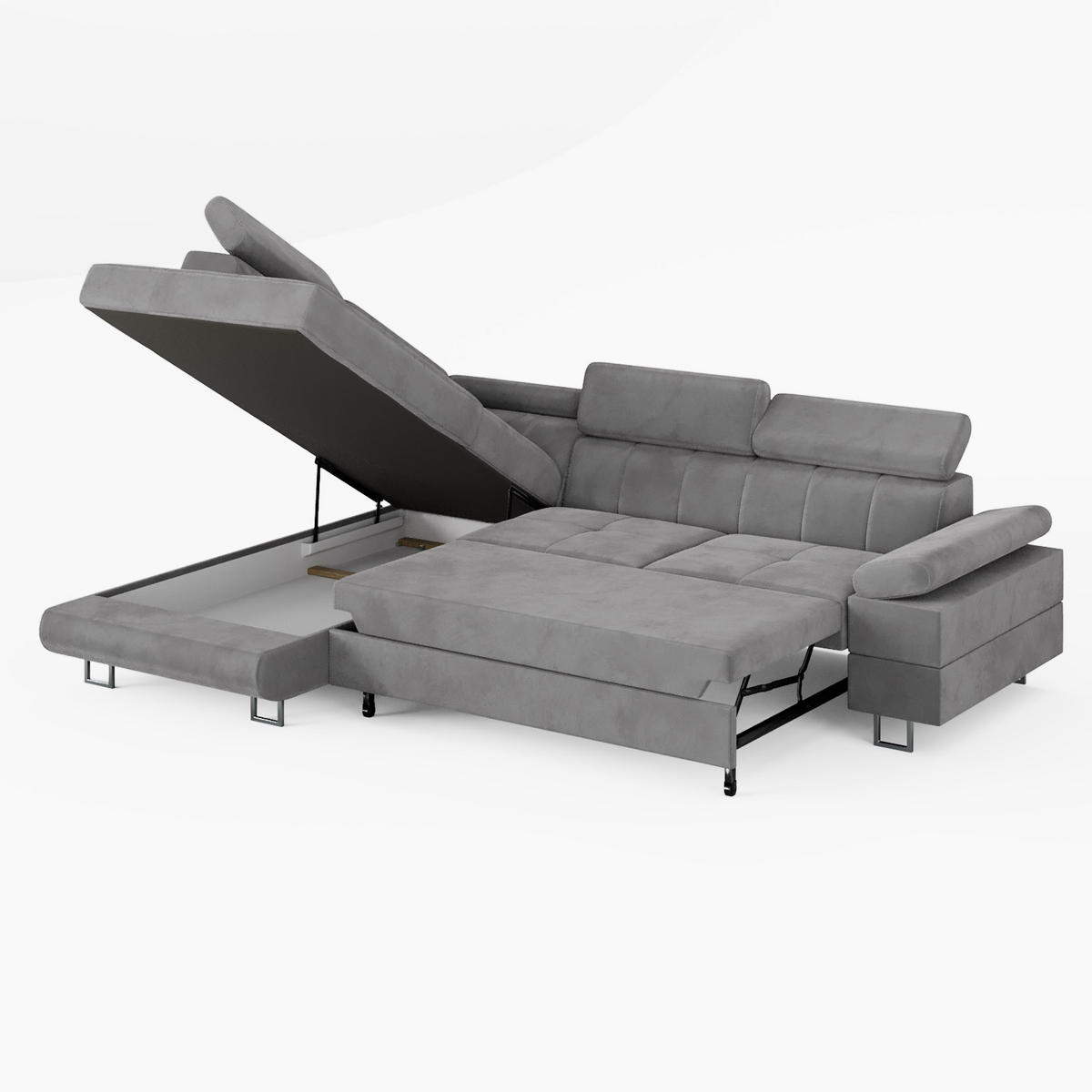 ECKSOFA CAROLINE Links Braun Velours-Stoff mit Schlaffunktion und Bettkasten - Chromfarben/Dunkelbraun, Textil (253/190cm) - Barchello