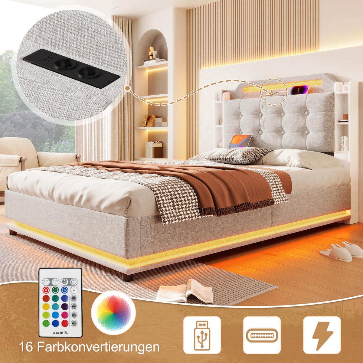 POLSTERBETT 140/200 cm Beige aus Leinen mit LED-Lichtleiste und Stauraum - Beige, Textil (140/200cm) - OKMYHOME