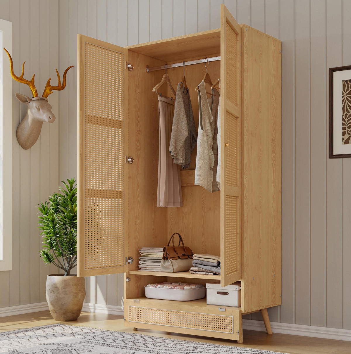 KLEIDERSCHRANK 90/45/183 cm mit 2 Drehtüren und Rattan-Optik in Natur - Naturfarben, Holz (90/183/45cm) - BEAOK
