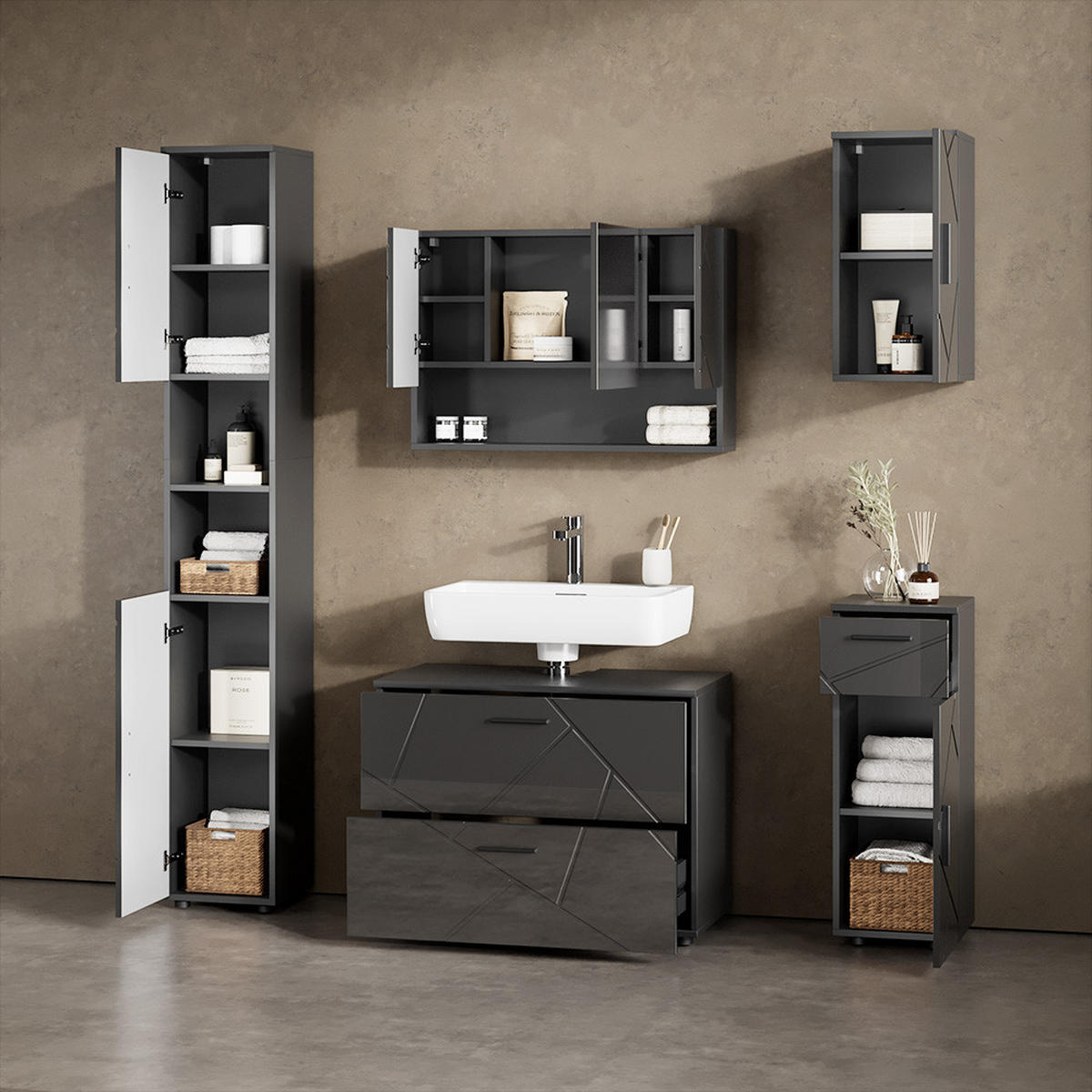 BADMÖBEL-SET Ronco Anthrazit Hochglanz 5 Teile - Anthrazit, Holzwerkstoff (41/80/58cm) - Livinity®