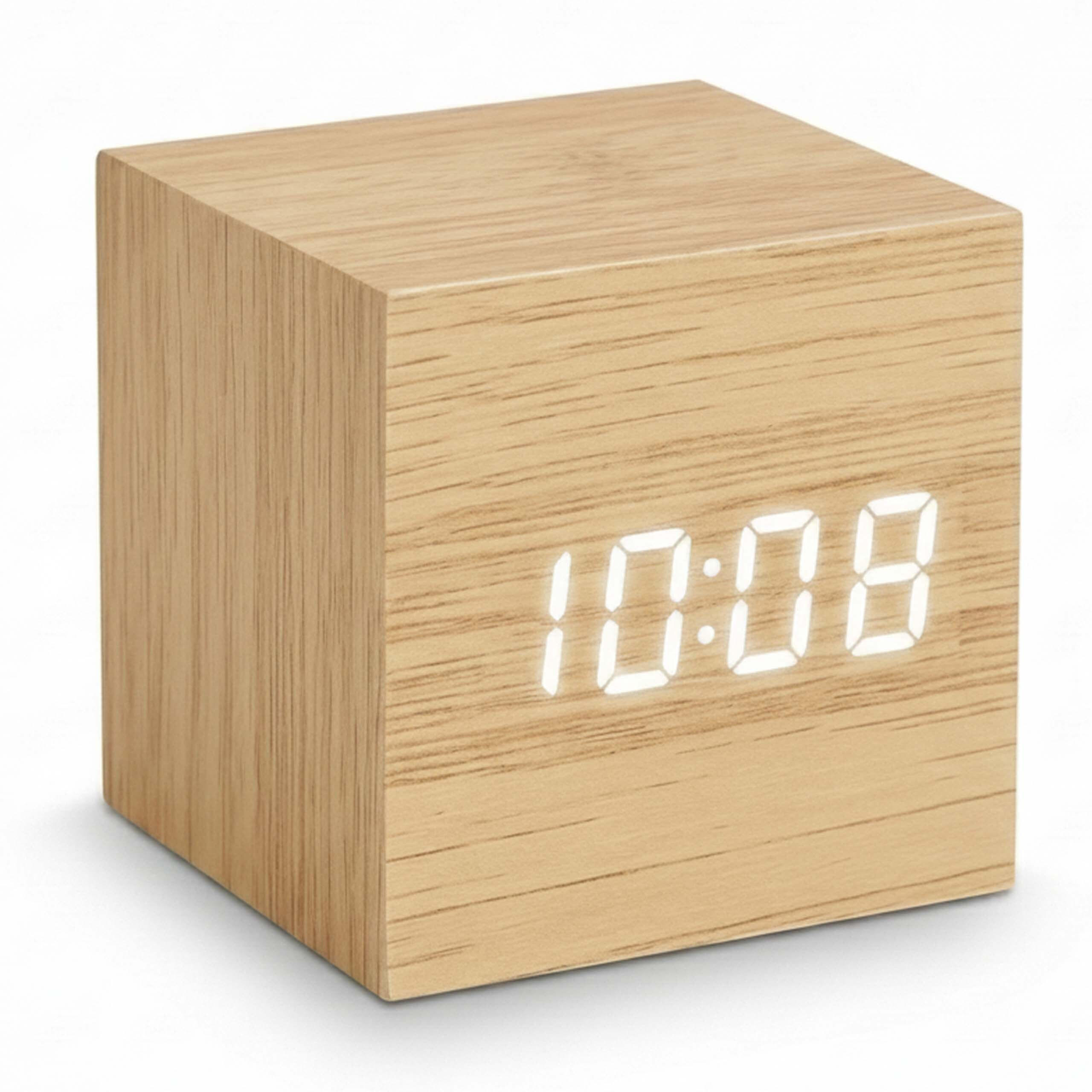 Relaxdays BUDÍK přírodní digitální kostka dřevěný vzhled 3 alarmy USB