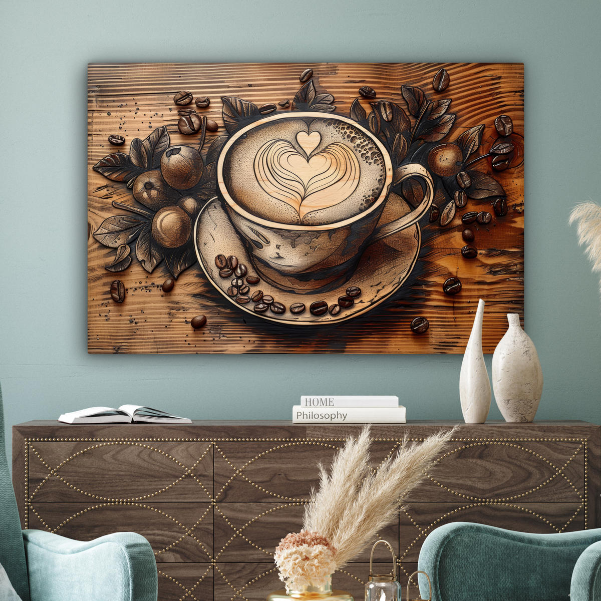 LEINWANDBILD Kaffee - Vintage - Braun - Tasse - Holz XXL 150x100 cm - Braun, Textil (150/100cm) - MuchoWow