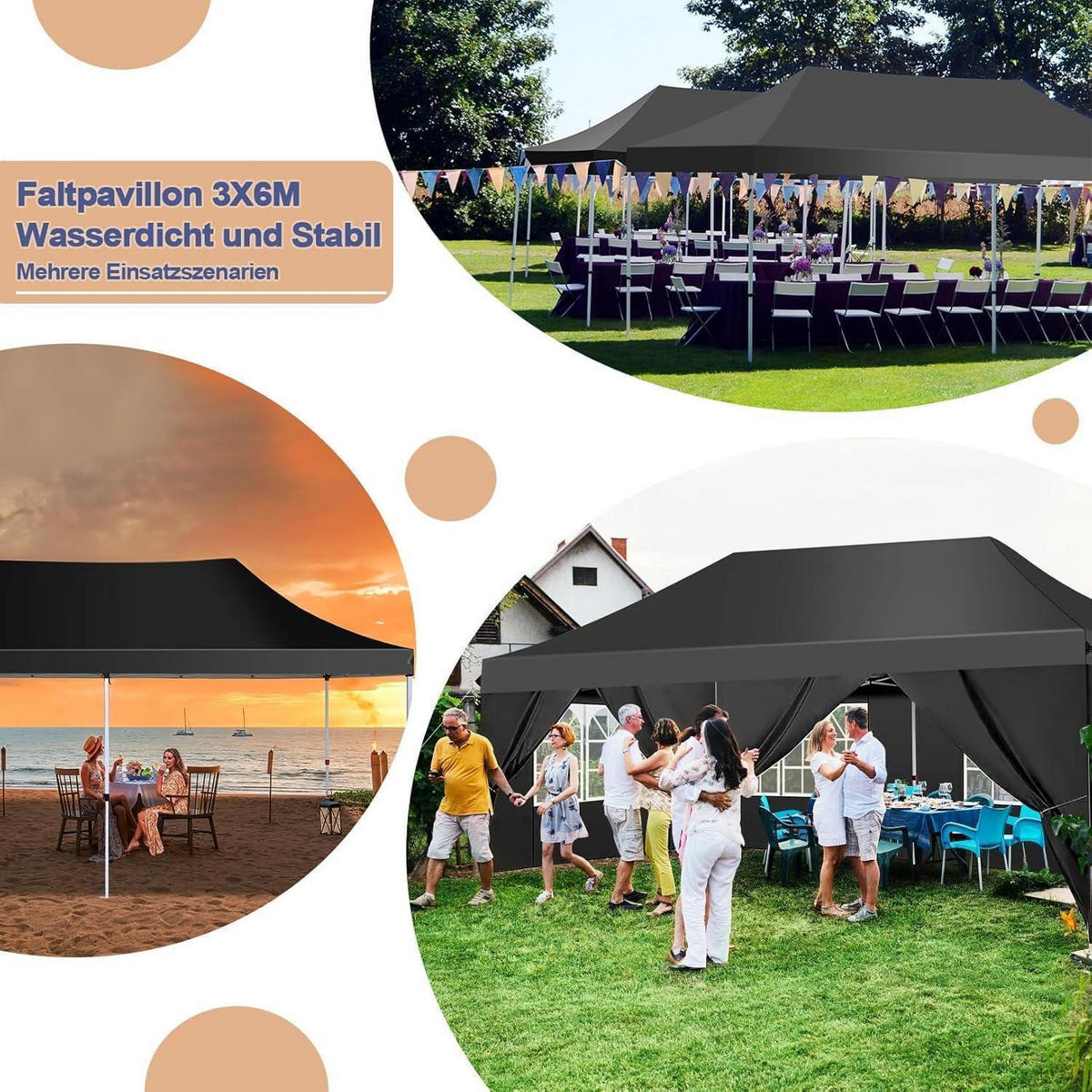 FALTPAVILLON 3 x 6 m Schwarz Wasserdicht UV50+ - Schwarz, Textil (300/300/600cm)