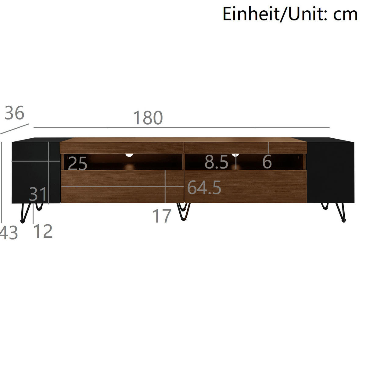 TV-LOWBOARD aus MDF und Spanplatte 180x36x43 cm Schwarz/Holzoptik mit Türen und offenen Fächern - Schwarz, Holzwerkstoff (180/43/36cm) - IVMEU