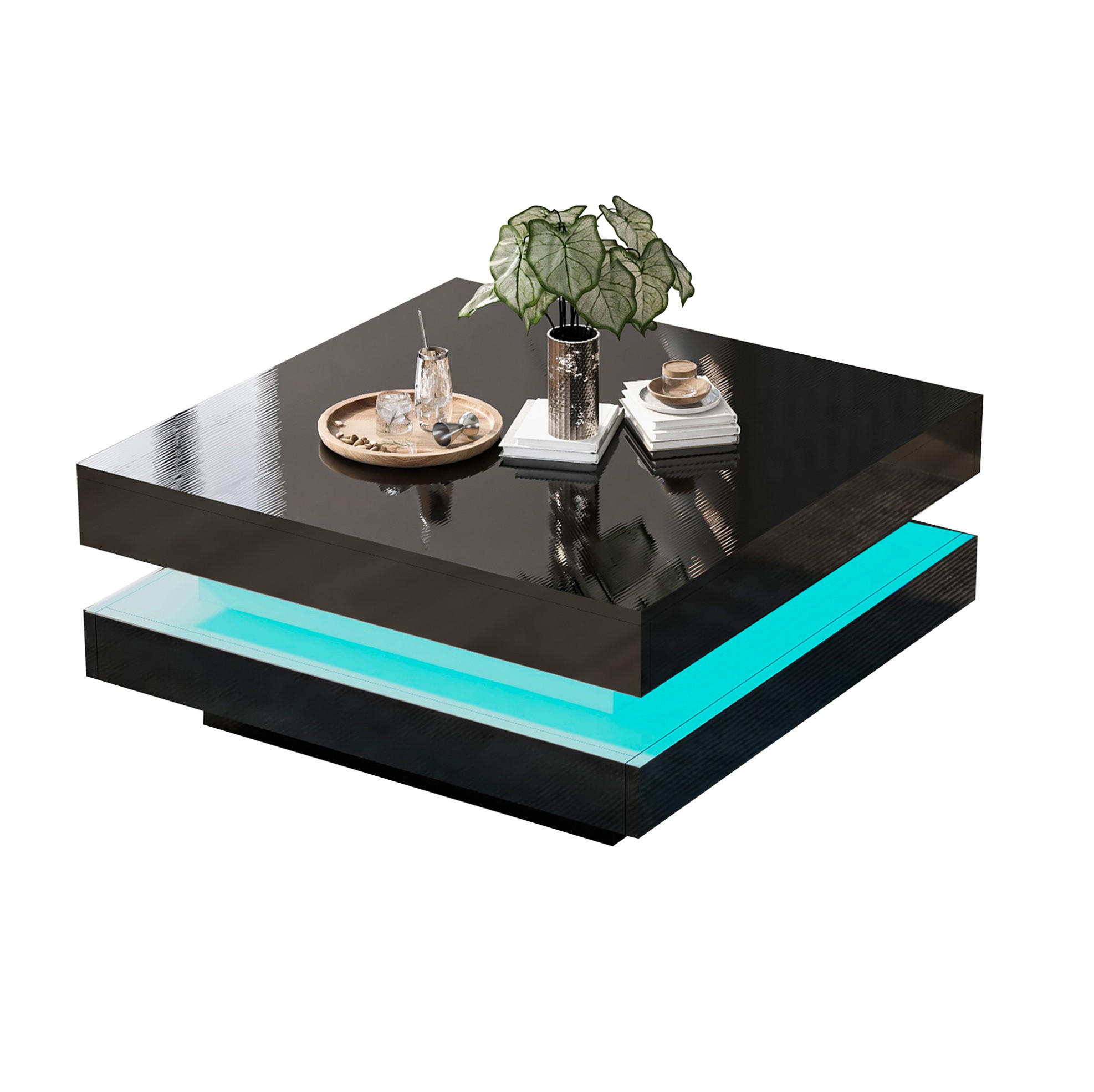 COUCHTISCH 70/70/36 cm mit LED-Beleuchtung, Bluetooth-App-Steuerung und Hochglanz-Oberfläche, Schwarz - Schwarz, Holzwerkstoff (70/70/36cm) - Redom