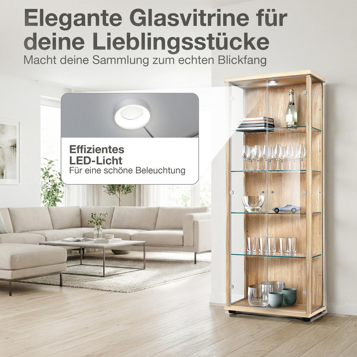 GLASVITRINE 33/67/176 cm mit LED & 4 höhenverstellbaren Glasböden - Transparent/Silberfarben, Glas/Holzwerkstoff (67/176/33cm) - K-Möbel