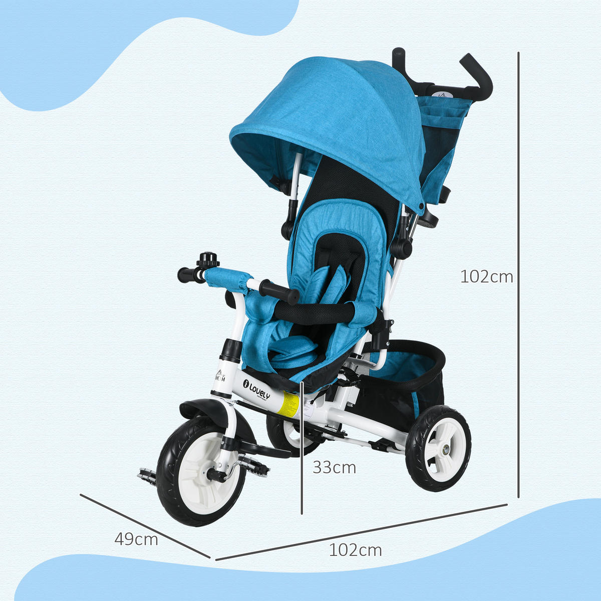 6-IN-1 Dreirad mit Schubstange, Kinderdreirad mit abnehmbarem Sonnendach - Hellblau, Metall (102/49/102cm) - HOMCOM