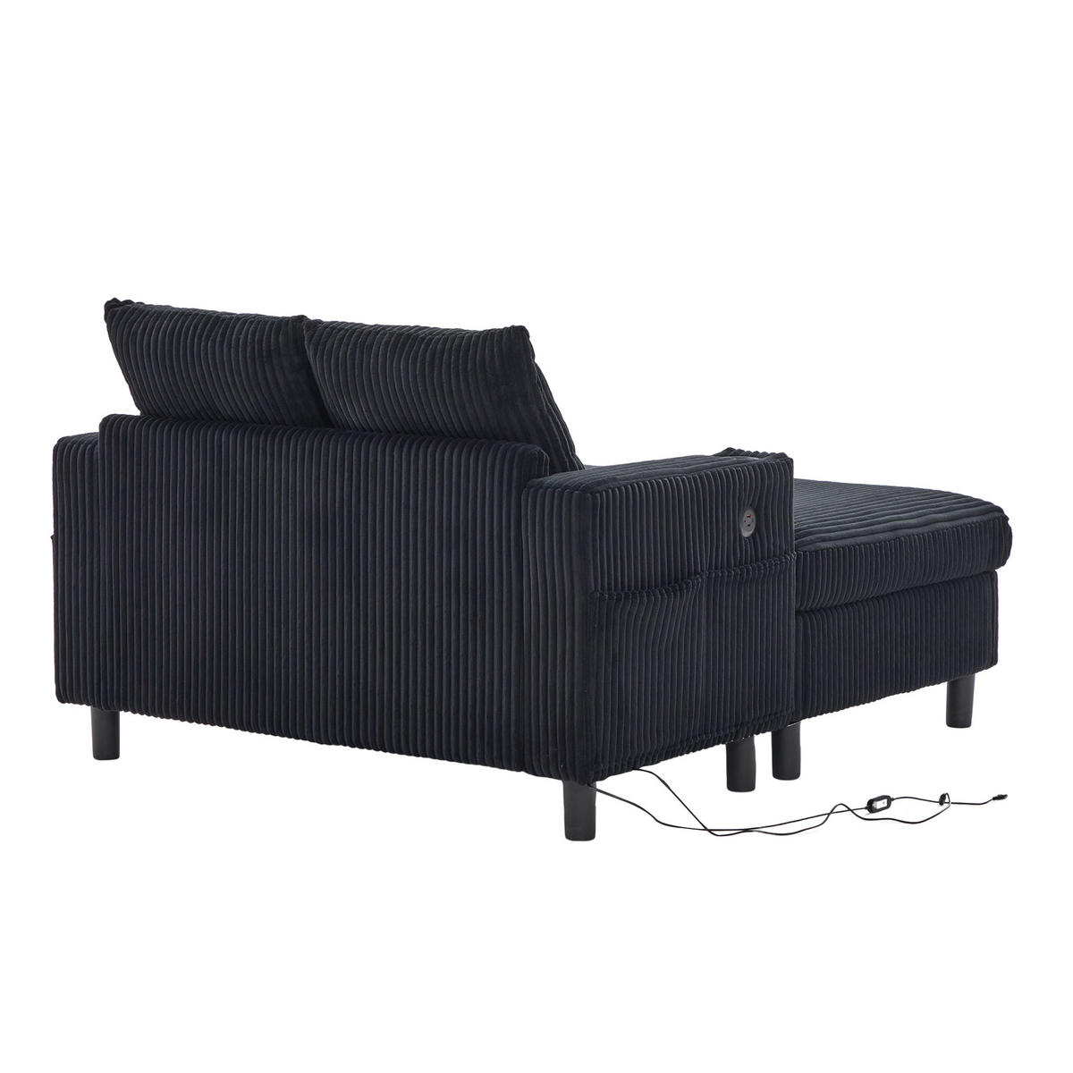 CHAISELONGUE 2-Sitzer Cord Schwarz mit LED, USB und Getränkehalter - Schwarz, Holzwerkstoff/Kunststoff (128/85/142cm) - WISHDOR