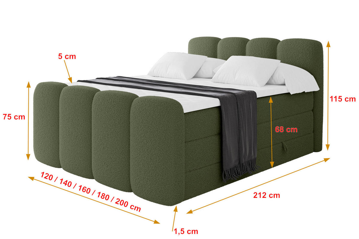 BOXSPRINGBETT mit Matratze H3/H4 - NINA-Z KING - 160x200 cm Grün - Dunkelgrün, Holzwerkstoff (160/200cm) - ALTDECOR