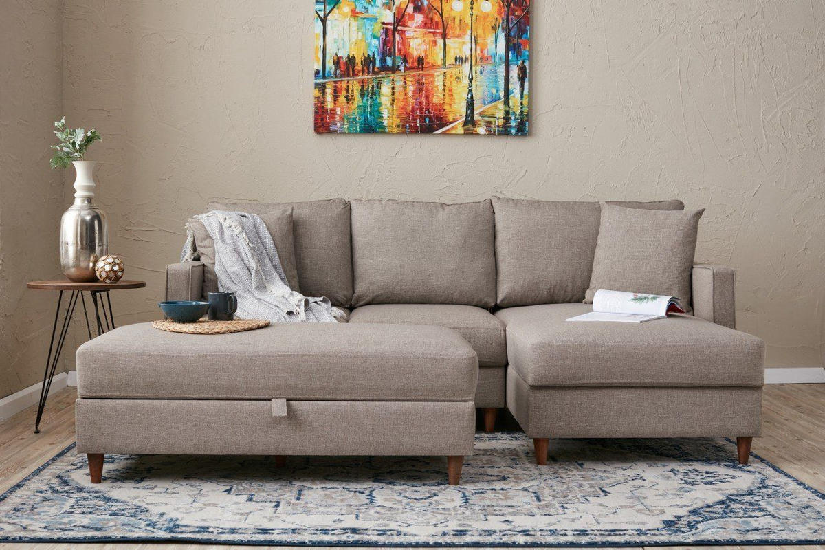 ECKSOFA mit Hocker, Schlaffläche - Beige/Walnussfarben, Holz/Kunststoff (155/210cm) - myHomelando