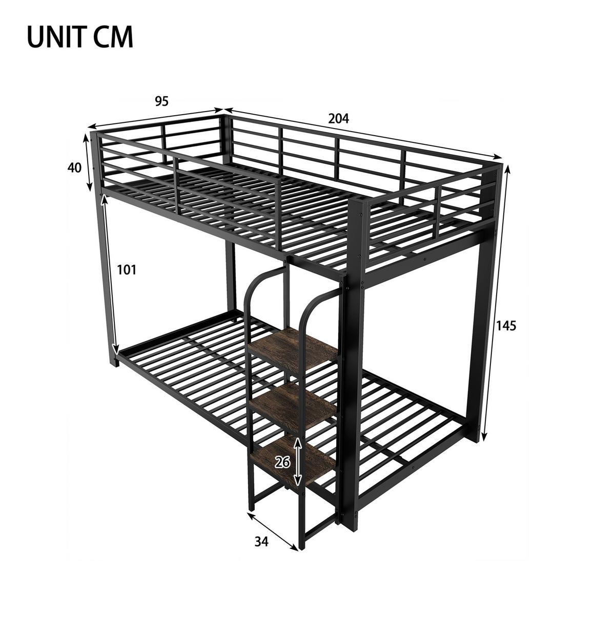 ETAGENBETT aus Metall und MDF 90x200 cm Schwarz mit breiten Holzstufen und Schutzgitter - Schwarz, Holzwerkstoff (90/200cm) - IVMEU
