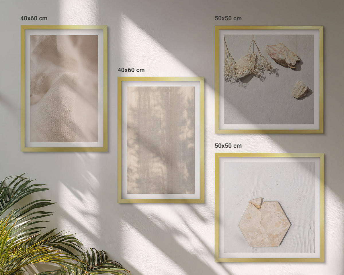 BILDER SET 4er Set - 50x50 cm & 40x60 cm Goldrahmen - Dezente Boho-Naturtexturen - Goldfarben, Kunststoff (50/50cm) - TULUP