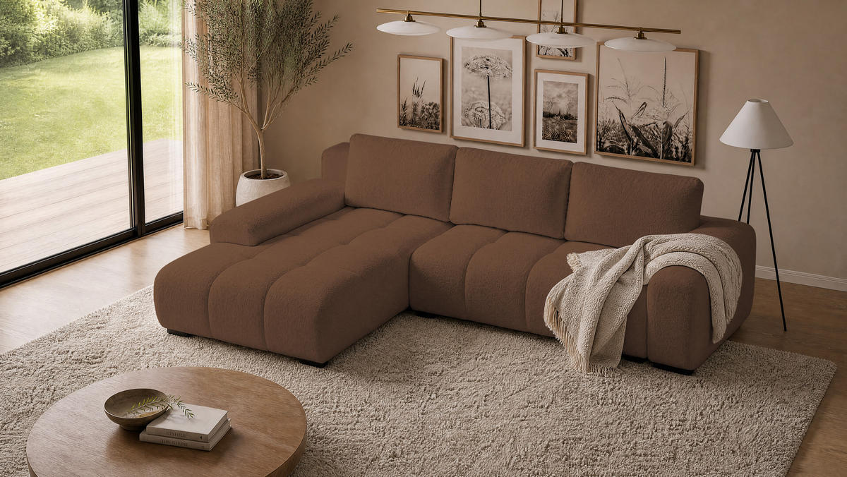 ECKSOFA Ovia mit Bettkasten und Schlaffunktion, Bouclé-Stoff in L-Form - Braun, Textil (270/185cm)