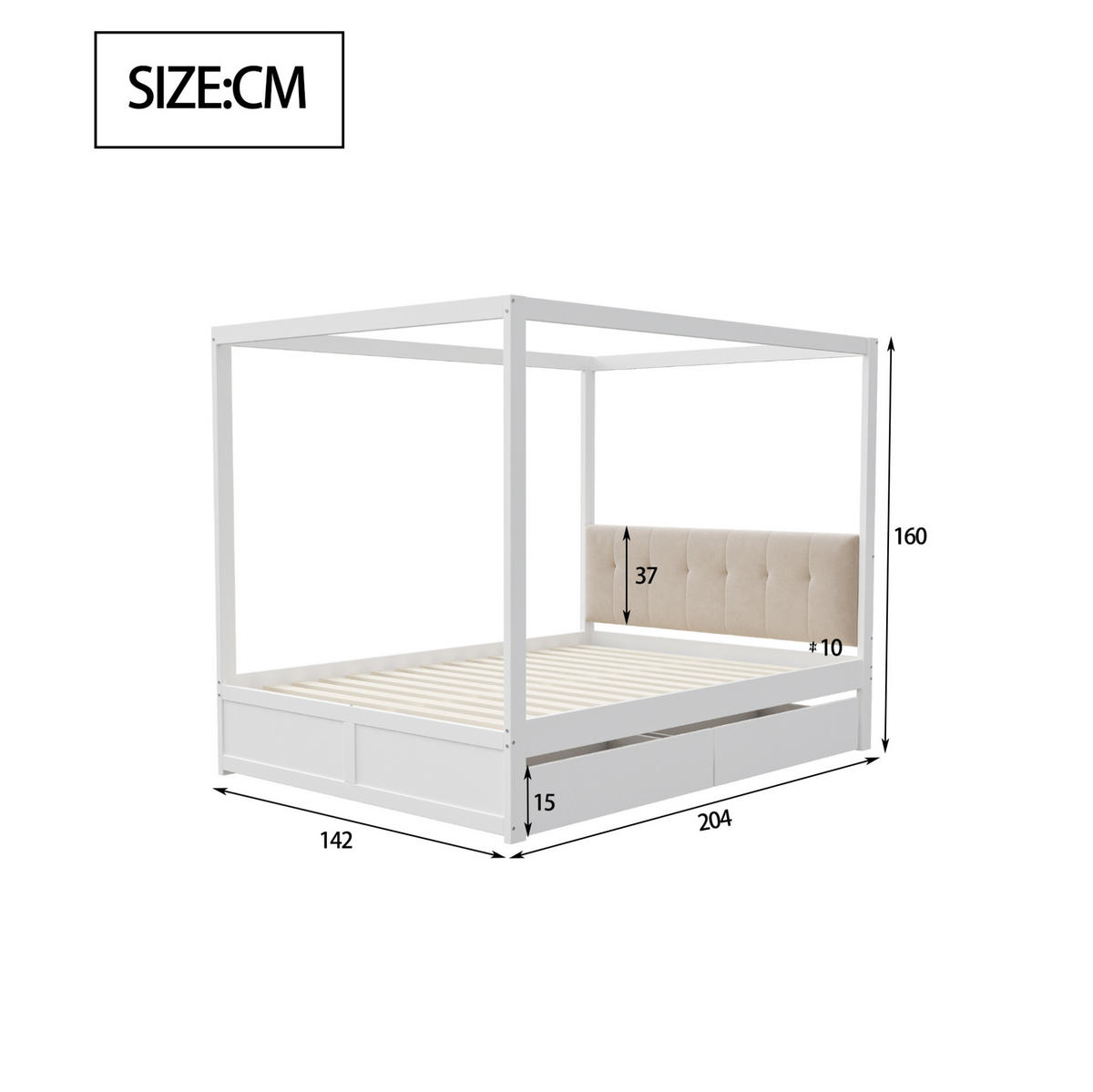 KINDERBETT 140/200 cm mit Zeltstruktur, gepolsterter Rückenlehne und 2 Schubladen, Weiß - Weiß, Holzwerkstoff (140/200cm) - Redom