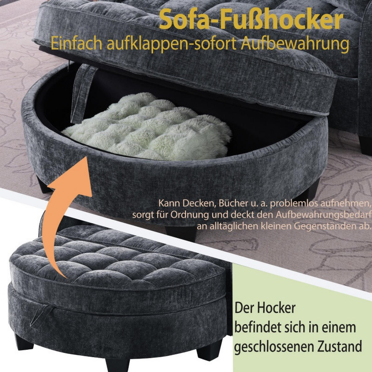 SCHLAFSOFA 2 in 1 Sofa,Sofa mit Schlaffunktion,Hocker und Stauraum Stoffbezug Schwarz - Schwarz, Textil (129/93/132cm)