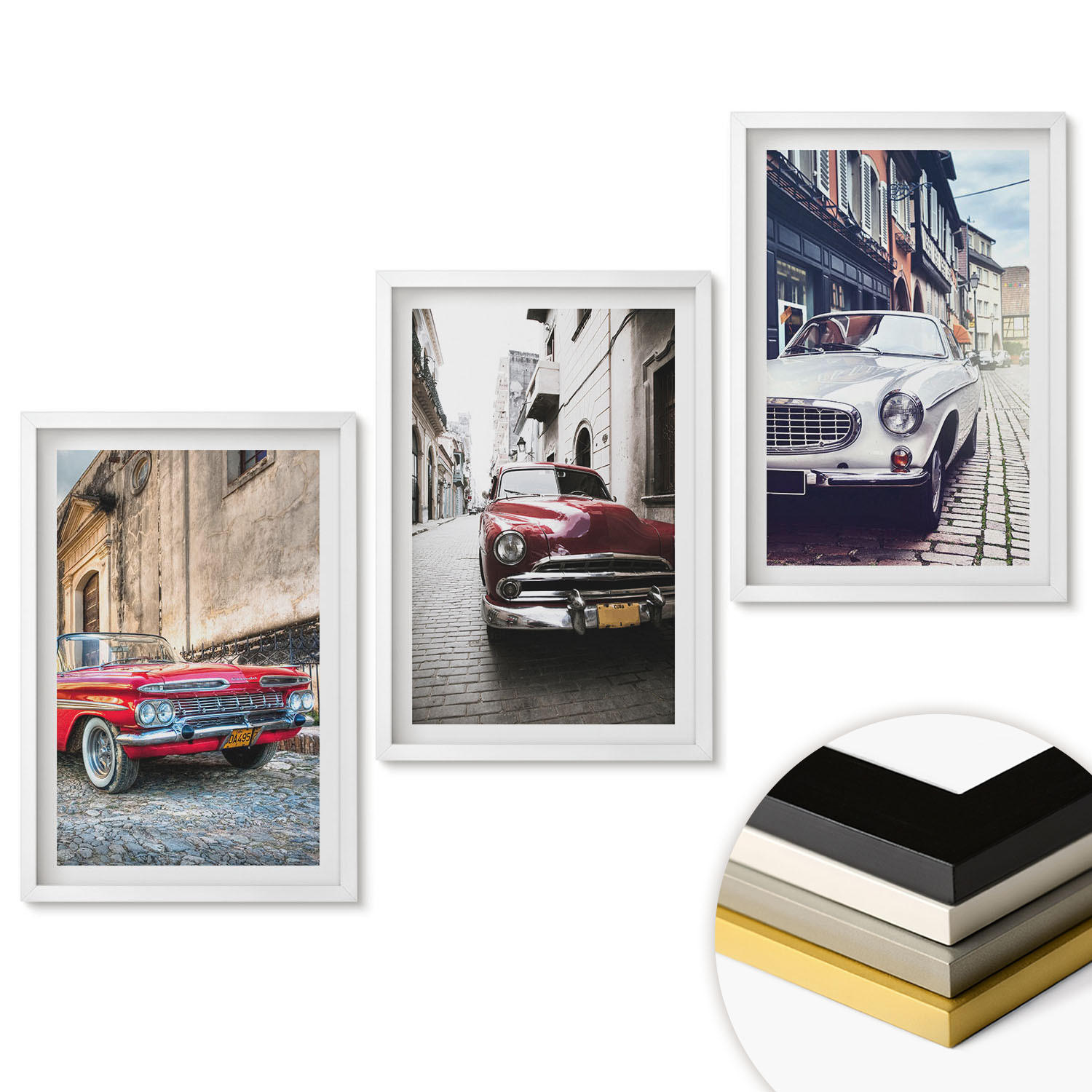 WANDBILDER 3er-Set - 40x60 cm Weißer Rahmen - Oldtimer in Städten - Weiß, Kunststoff (40/60cm) - ArtPrintCave