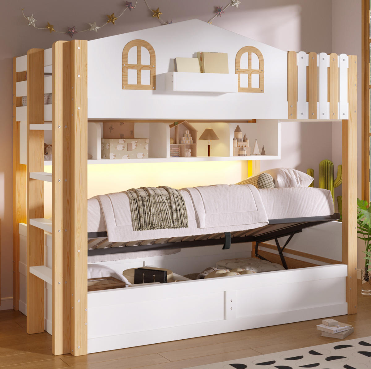 ETAGENBETT 90/200 cm aus Kiefer und MDF mit LED, Weiß/Natur - Eichefarben, Holzwerkstoff (90/200cm) - OKMYHOME