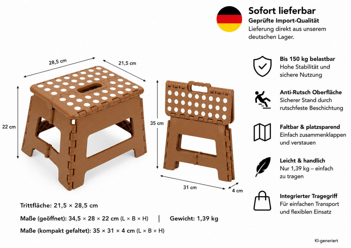KLAPPHOCKER faltbar mit Anti-Rutsch Beschichtung, Tritthocker H 22 cm bis 150 KG belastbar, Cappuccino Braun - Braun, Paraffin (21.5/22/28.5cm)
