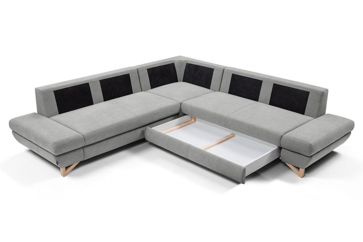ECKSOFA CASA III L-S Grau Plüsch-Stoff mit Schlaffunktion - Grau, Holz (272/272cm) - MASSENO