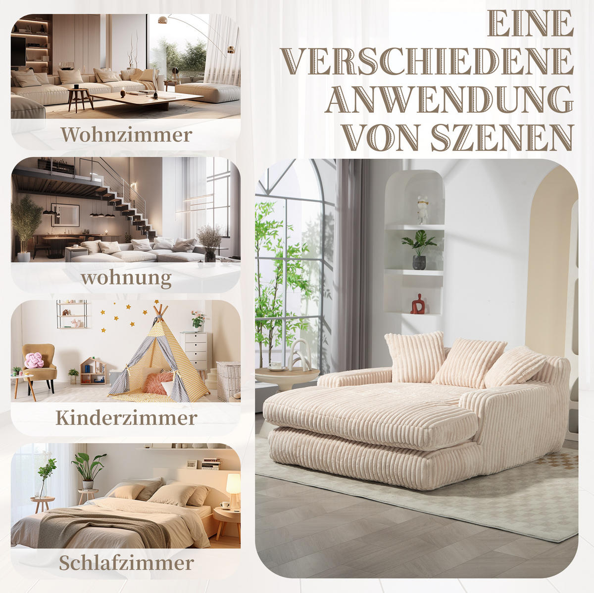 BIGSOFA Chaiselongue Cord mit 3 Kissen 125/155/63 cm Beige - Beige, Textil (63/125/155cm) - Redom