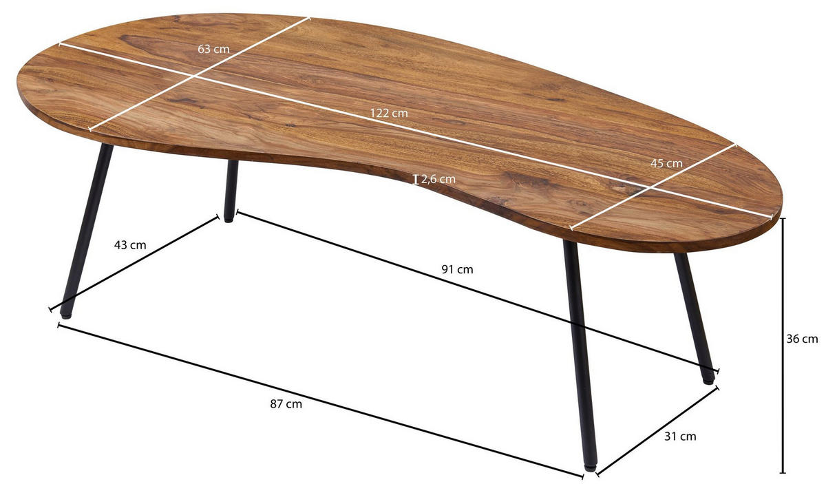 COUCHTISCH Retro-Stil mit Nierenform, Massivholz, Metallbeine, pflegeleichte Tischplatte, Braun 122x63x36 cm - Schwarz/Braun, Holz/Metall (63/122/36cm) - KADIMA DESIGN