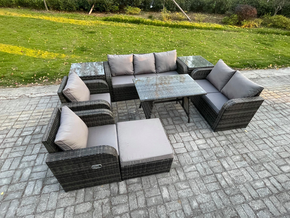 GARTENMÖBEL SET Polyrattan Dunkelgrau 8-Sitzer - Dunkelgrau/Grau, Glas/Kunststoff - Fimous
