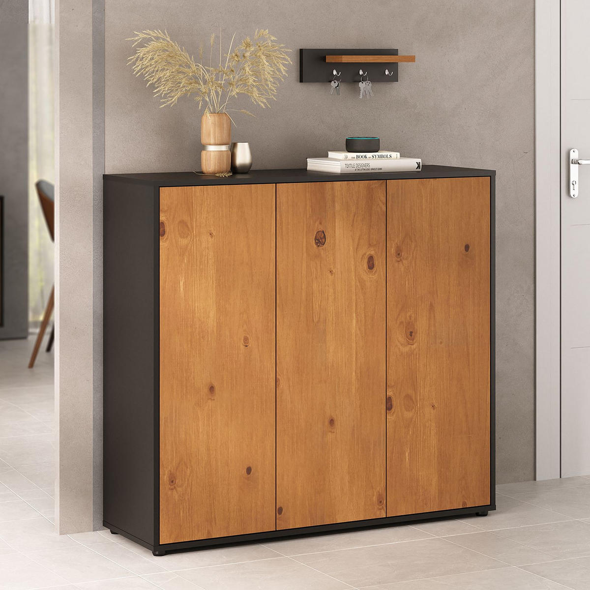 SCHUHSCHRANK MIRAN schwarz/Eiche - Eichefarben/Schwarz, Holz (109/100/35cm) - IDIMEX