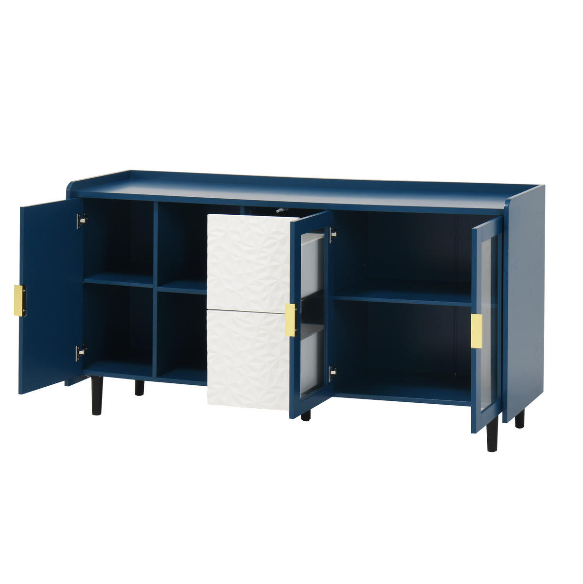 SIDEBOARD 150/40/80 cm blau aus MDF mit Glastüren, Schubladen und offenen Fächern - Blau, Holzwerkstoff (150/80/40cm) - OKWISH