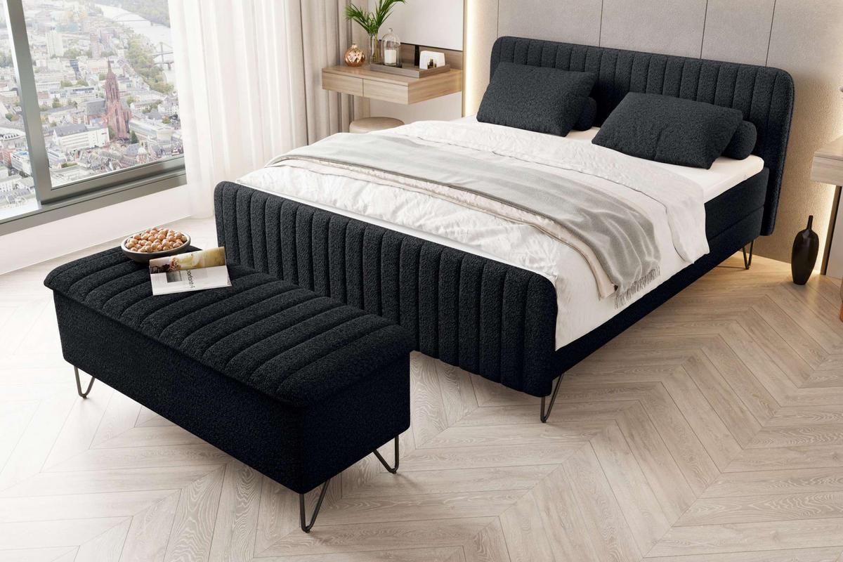 BOXSPRINGBETT LUCIO mit Hocker Bouclé-Stoff Schwarz 160/200 cm - Schwarz, Textil/Metall (160/200cm) - 99rooms