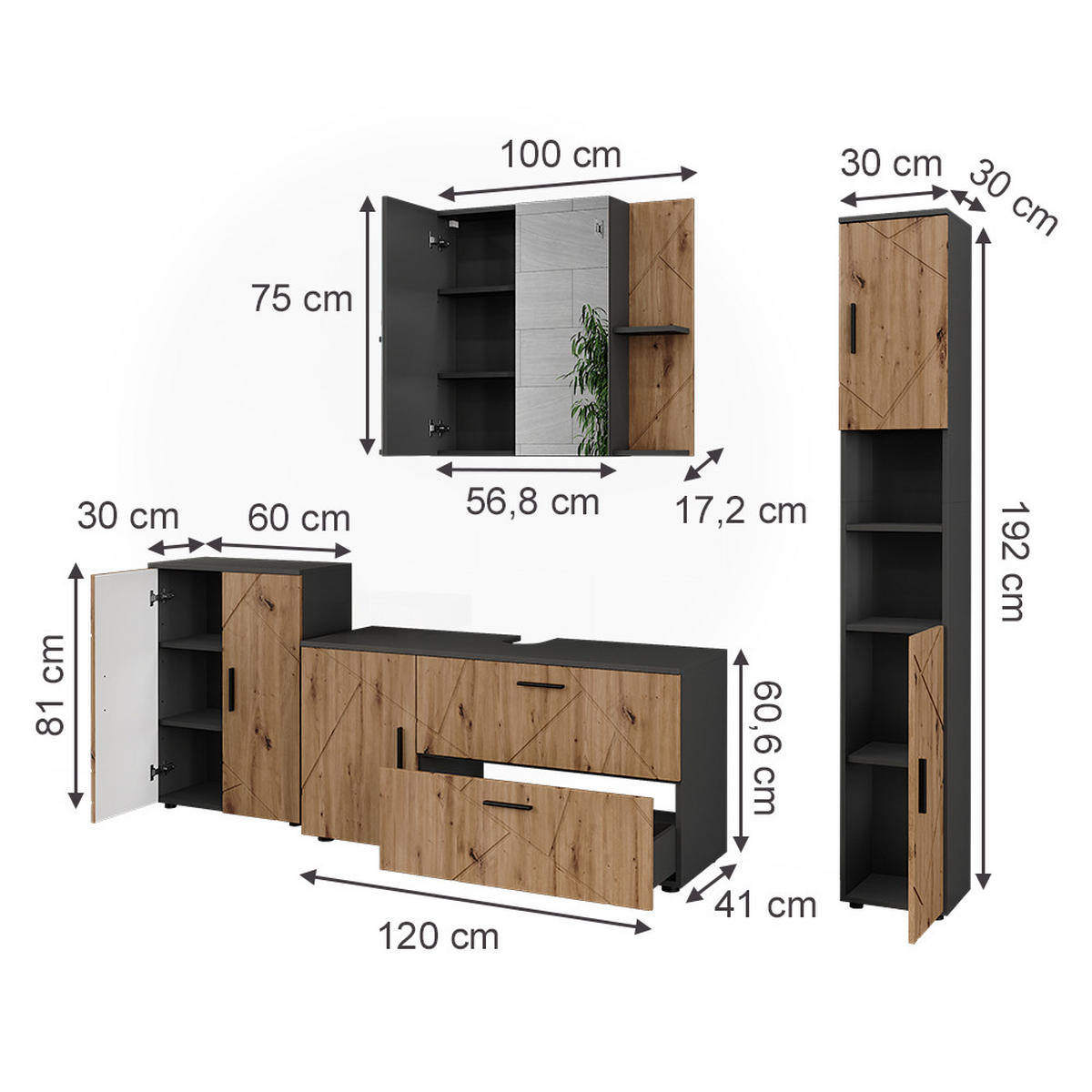 KOUPELNOVÁ SESTAVA NÁBYTKU Irma Antracit/Artisan - antracitová/dub artisan, kompozitní dřevo (120.1/60.6/41cm) - Vicco