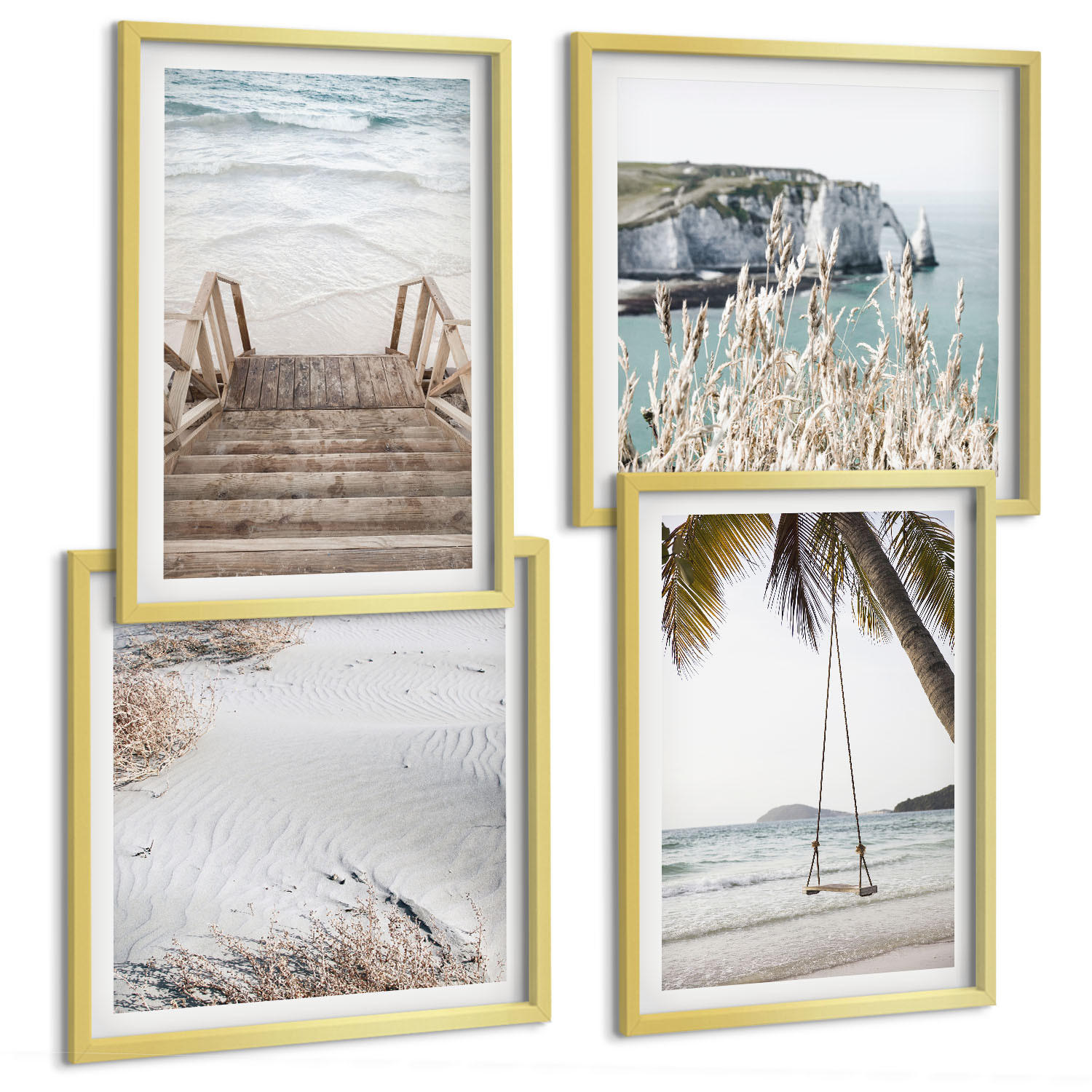 BILDER SET 4er Set - 50x50 cm & 40x60 cm Goldrahmen - Strandtreppe Schaukel Meer - Goldfarben, Kunststoff (50/50cm) - TULUP
