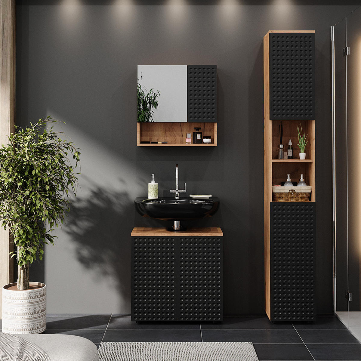 BADSCHRANK Irma Anthrazit gepunktet 30 x 192 cm - Anthrazit, Holzwerkstoff (30/192/30cm) - Vicco