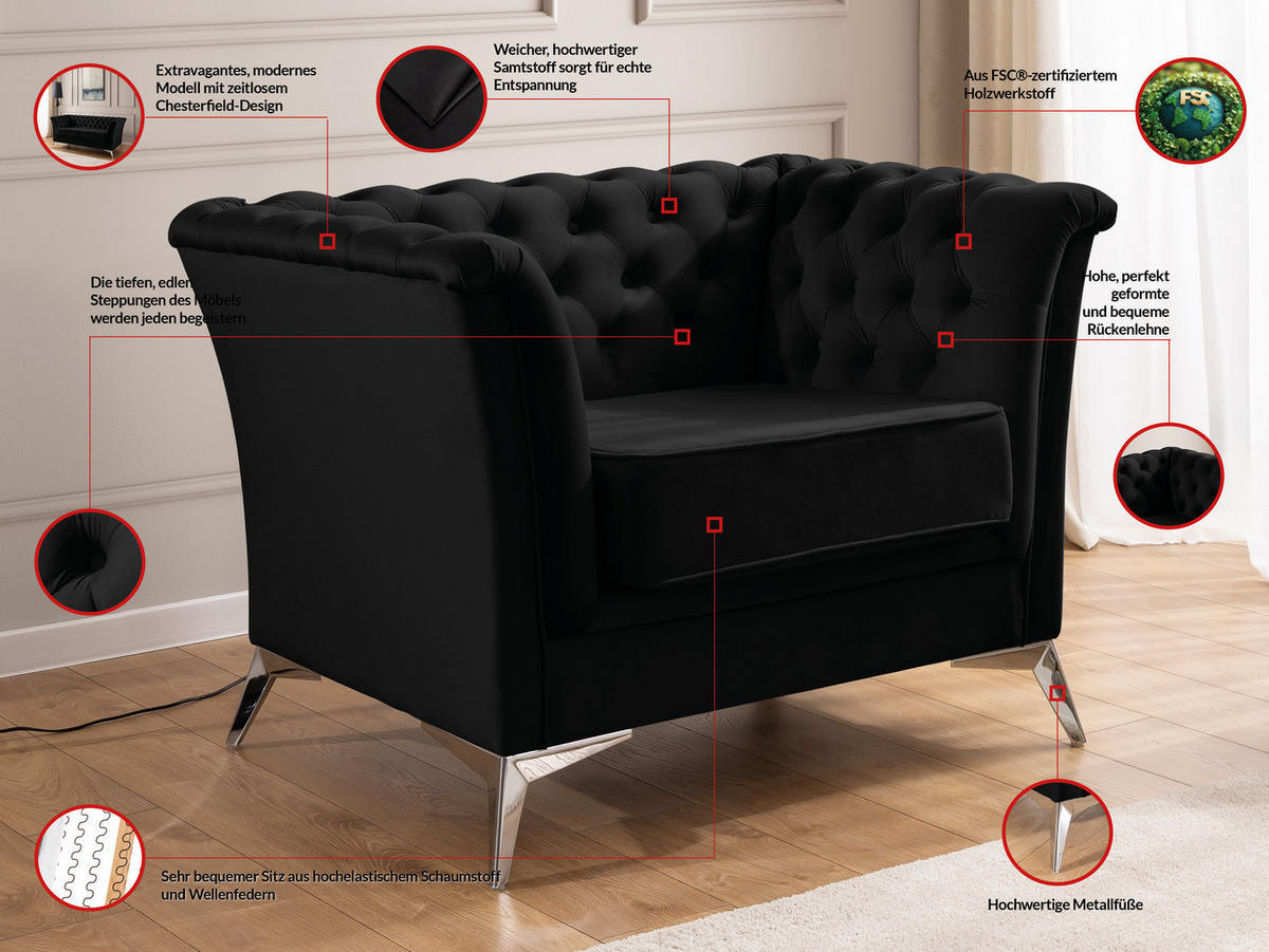 CHESTERFIELD-SESSEL Whitby Schwarz Samt mit silbernen Füßen - Silberfarben/Schwarz, Holz/Textil (116/78/82cm) - S-Style Möbel