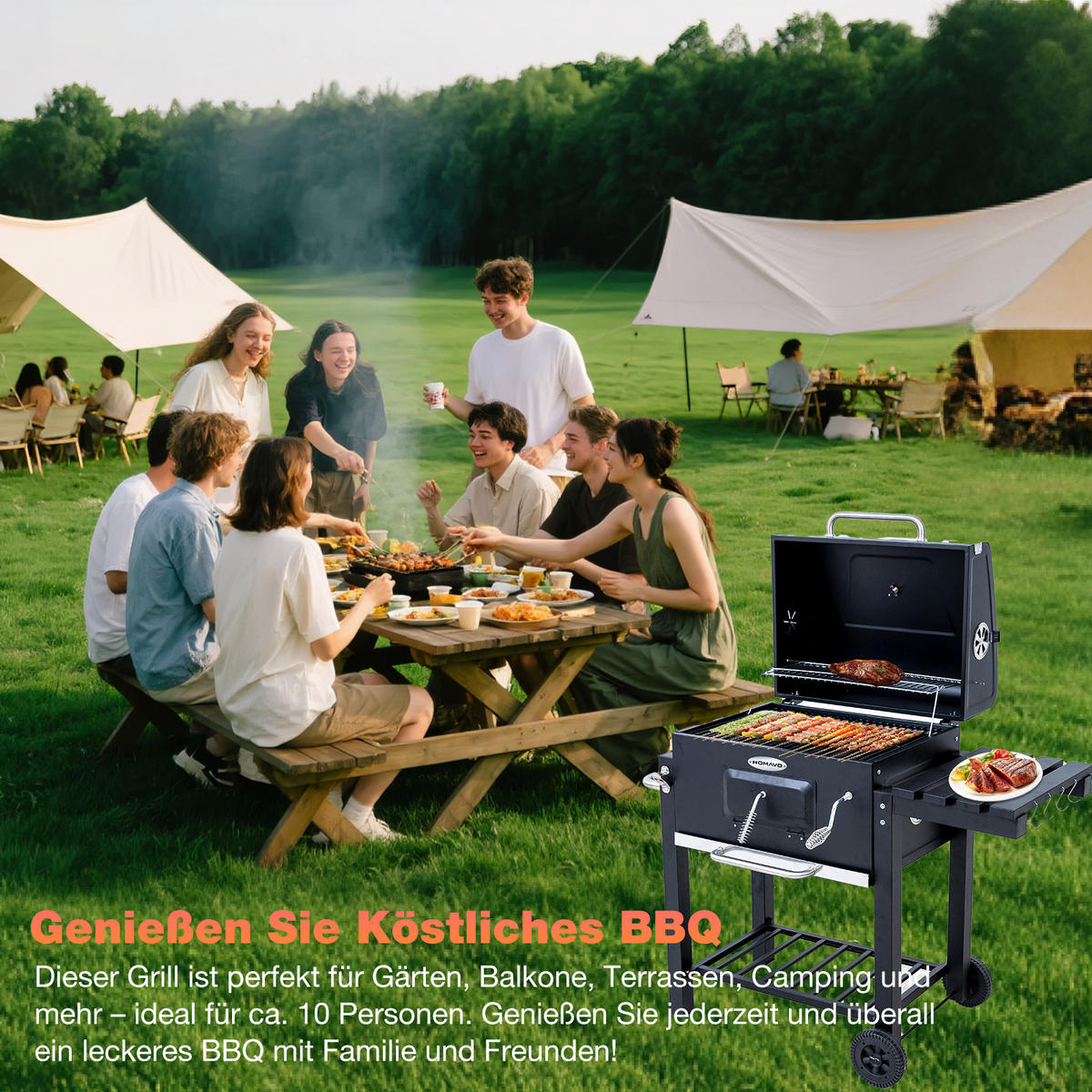 HOLZKOHLEGRILL mit Abdeckung - Schwarz, Metall (55/104/113cm) - HOMAVO