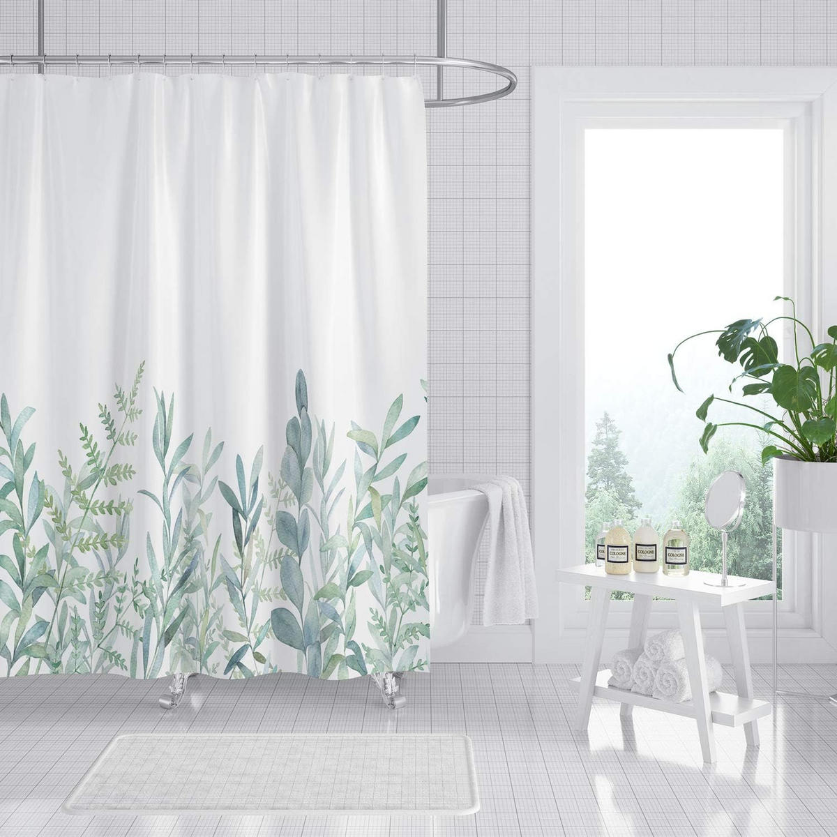 DUSCHVORHANG Stoff mit Muster Blätter Grün und Blumen schimmelresistent waschbar mit Ringen - Weiß, Textil (180/3cm) - MCBOSON