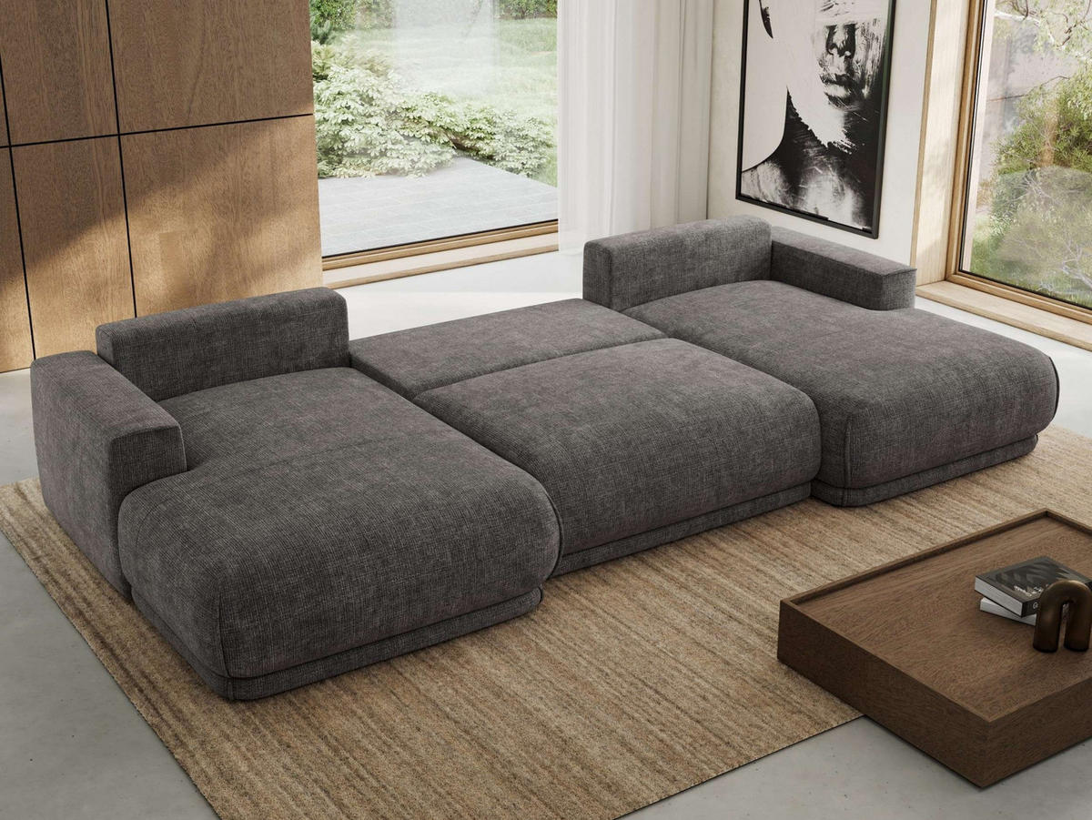 SEDACIA SÚPRAVA RINA U Sivá Hrubo tkaná ženilka - čierna/sivá, textil/plast (360/85/170cm) - MKS