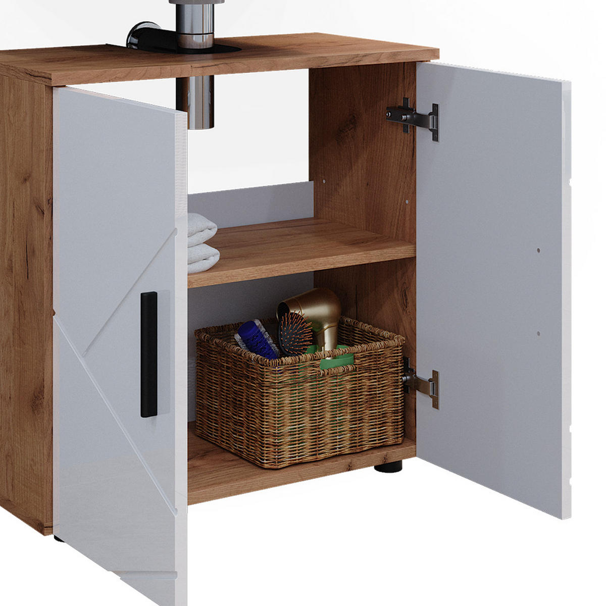 BADMÖBEL-SET Irma Weiß Hochglanz/Goldkraft Eiche 4 Teile und Kommode - Weiß Hochglanz/Eiche Wotan, Holzwerkstoff (80/58.6/41cm) - Vicco