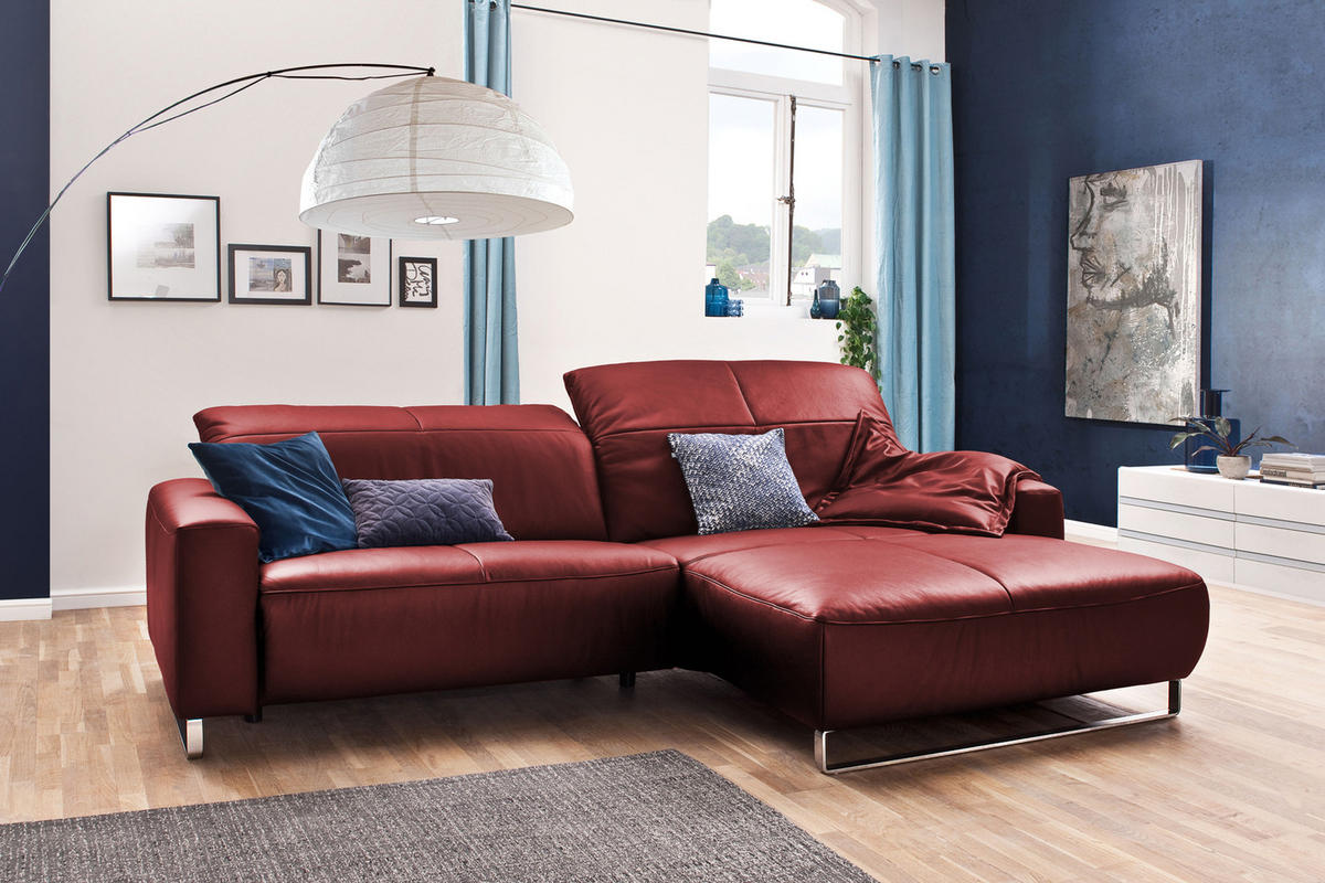 ECKSOFA MIT SITZTIEFENVERSTELLUNG YORK Rot Leder - Silberfarben/Rot, Leder (284/180cm) - KAWOLA